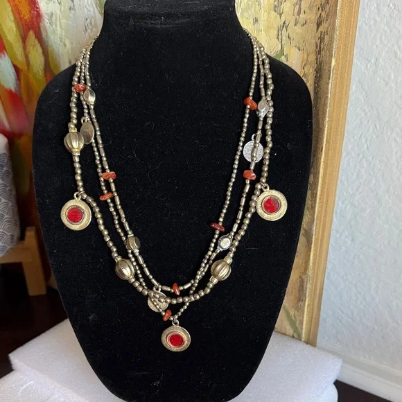 Vintage Multi-Strand Beaded Necklace Red Stone Charms Antique Gold SilverTone - Picture 1 of 6